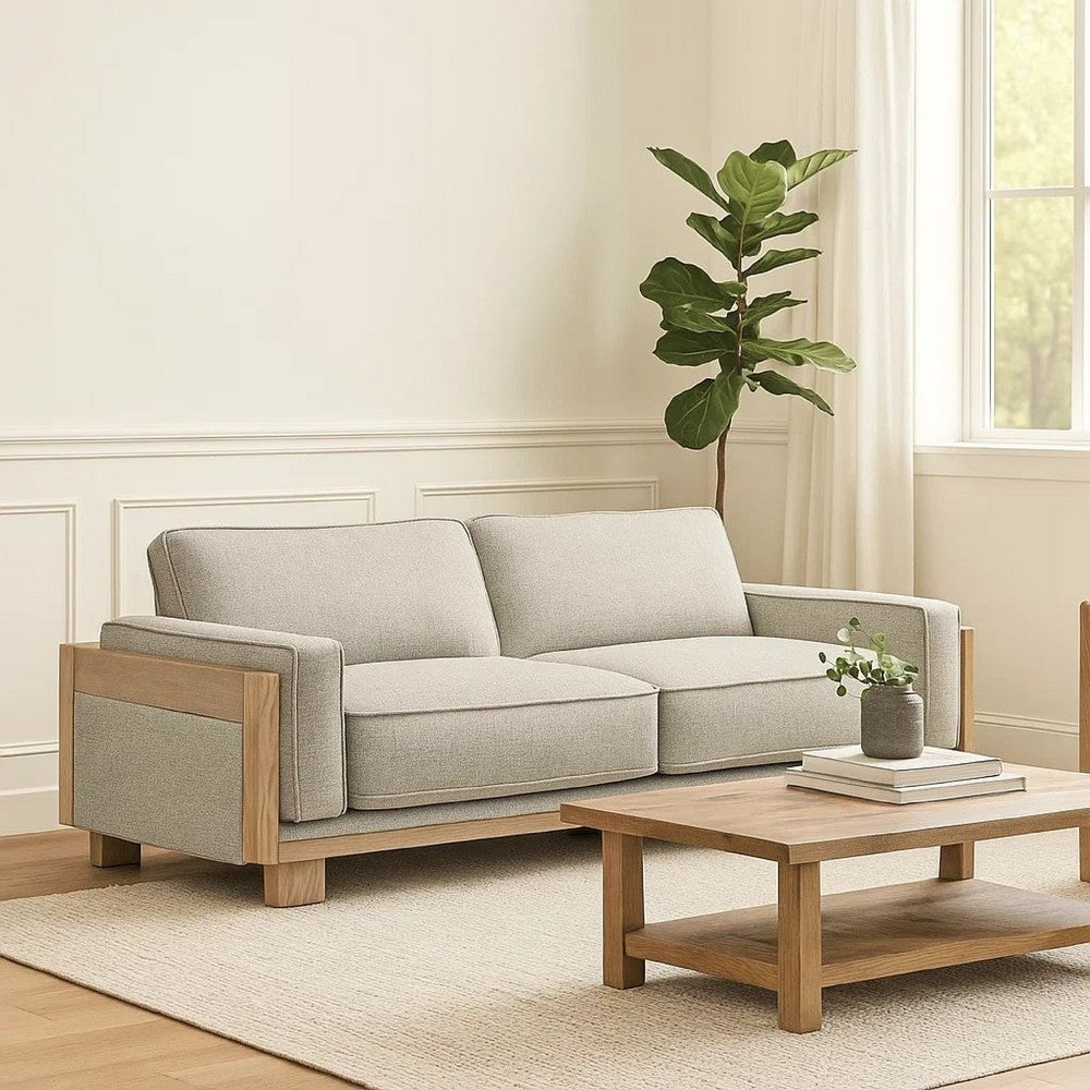 Denu Sofa | Light Brown Fabric Padded | Welt Trim Details | 93"