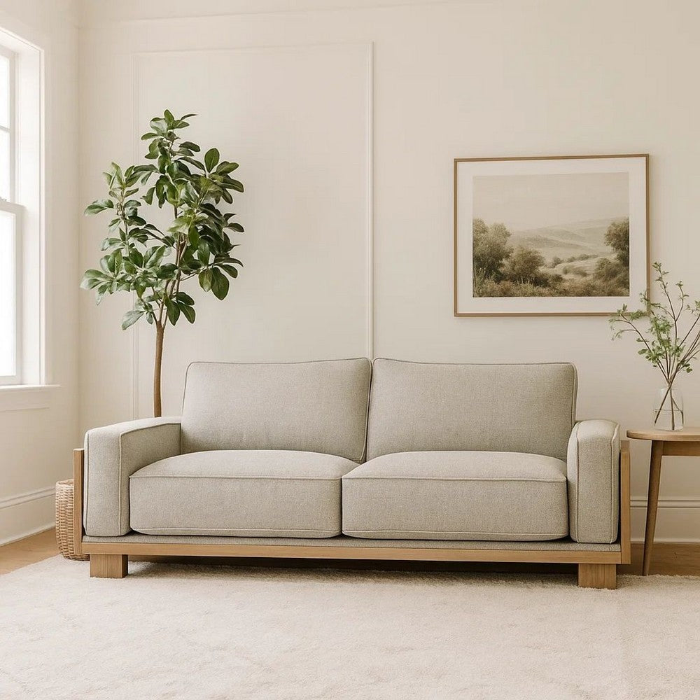 Denu Sofa | Light Brown Fabric Padded | Welt Trim Details | 93"