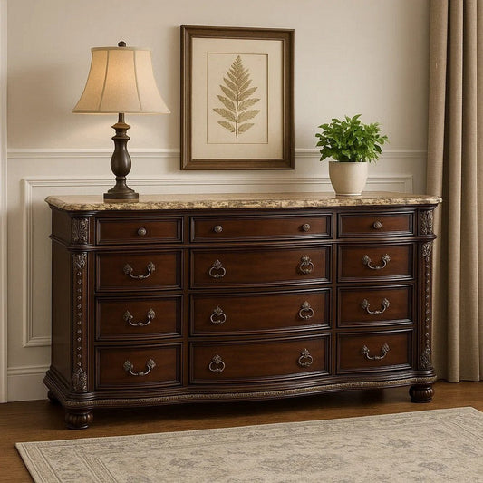 Kera Classic Dresser | 69" | 12 Drawers | Sculpted Cherry Brown Wood