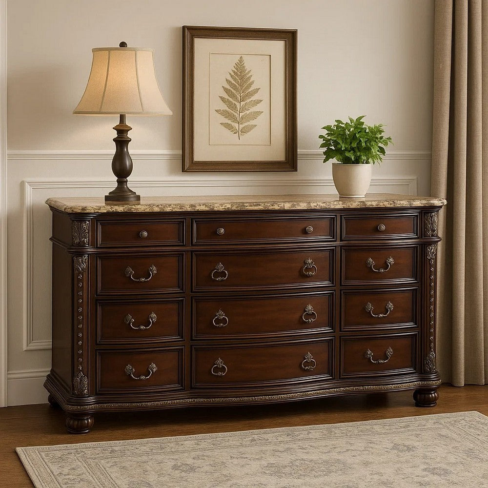 Kera Classic Dresser | 69" | 12 Drawers | Sculpted Cherry Brown Wood