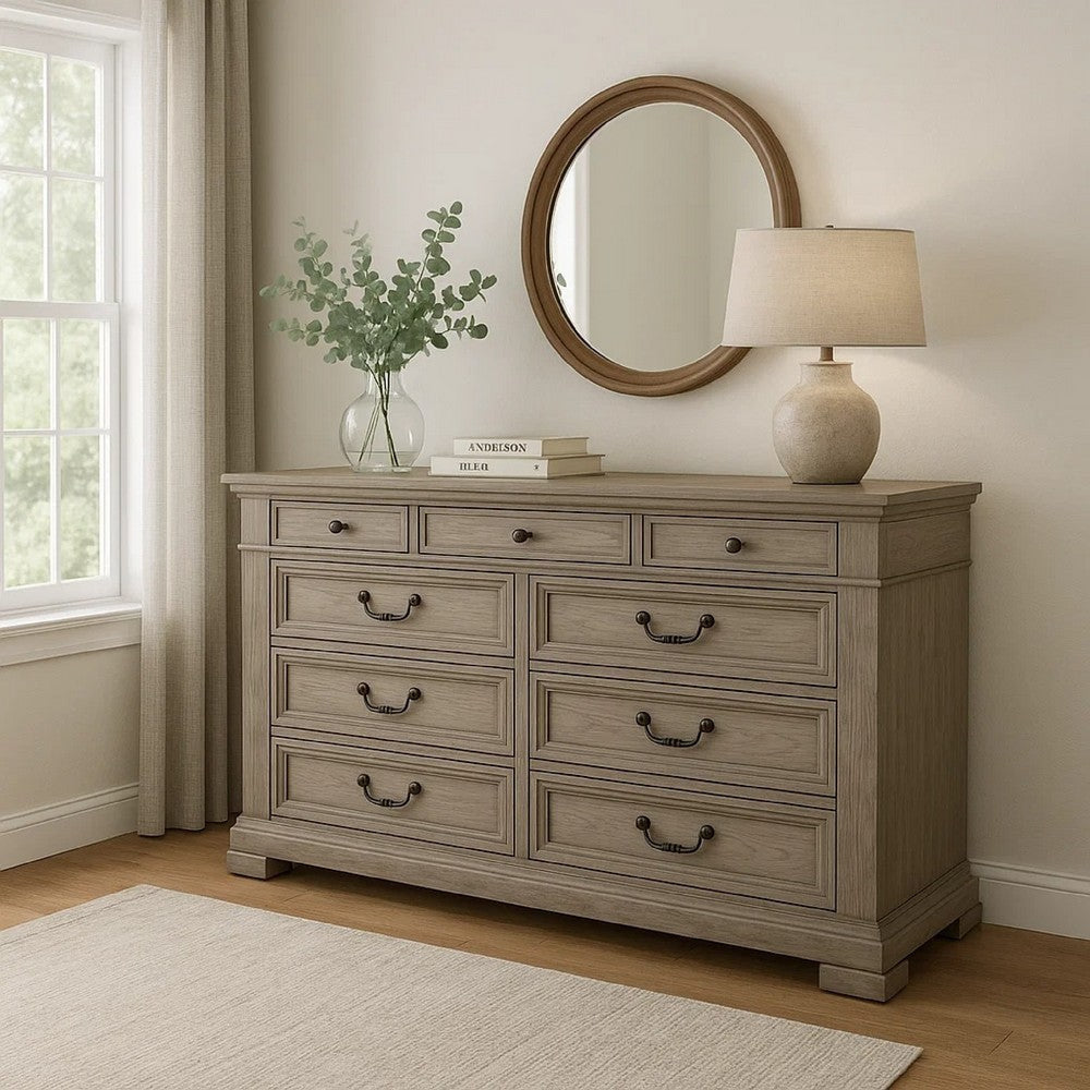 Roi Wide Dresser | 62’’ | 9 Dovetail Drawers | Weathered Gray BM340335