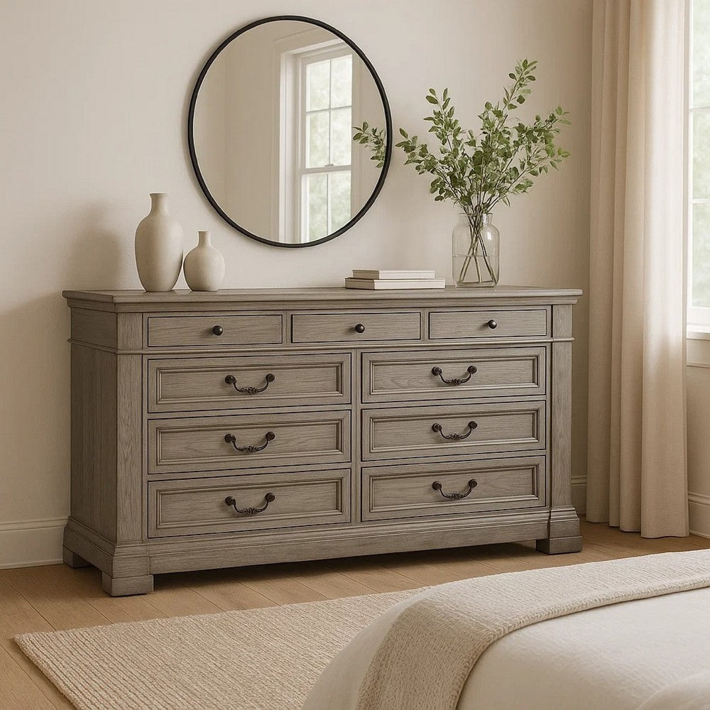 Roi Wide Dresser | 62" | 9 Dovetail Drawers | Weathered Gray