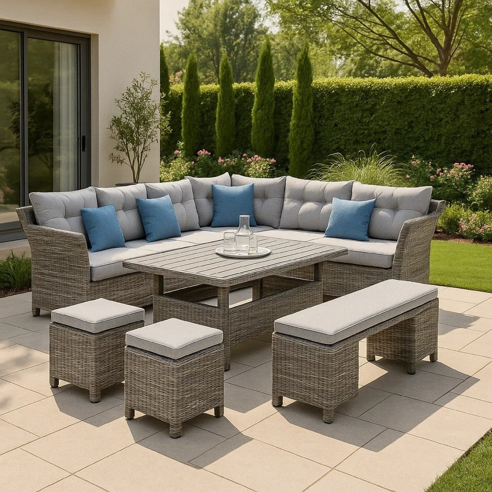 Mia Outdoor Wicker 5pc Sectional Sofa Set w Bench 3 Throw Pillows Gray BM340336