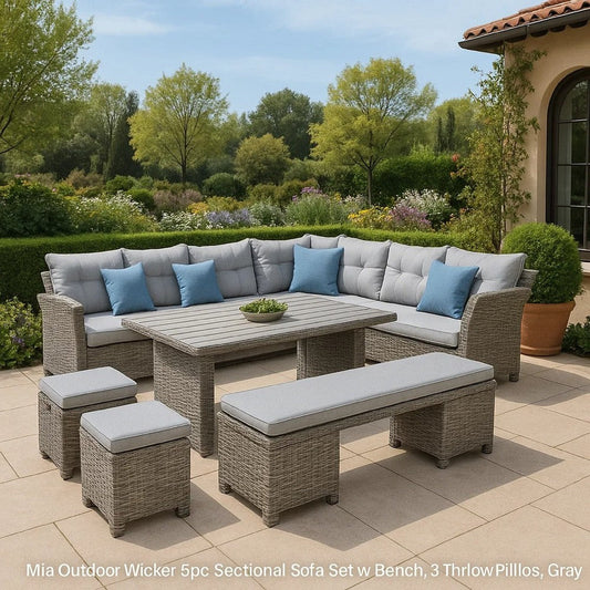 Mia Outdoor Wicker 5pc Sectional Sofa Set w Bench, 3 Throw Pillows, Gray