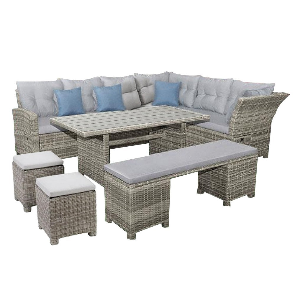Mia Outdoor Wicker 5pc Sectional Sofa Set w Bench, 3 Throw Pillows, Gray