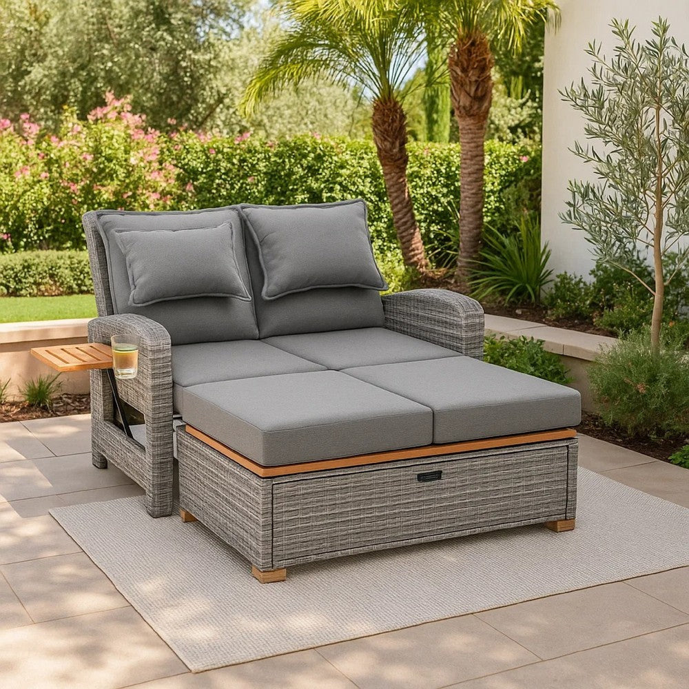 Timy Outdoor Reclining Chaise Lounge Set w Storage Bench | Pillows | Gray BM340338