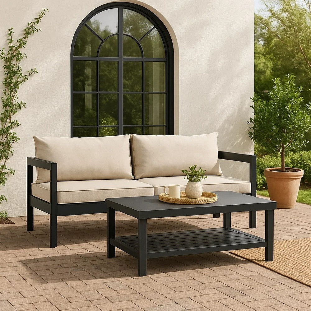 Lea Patio Sofa & Coffee Table Set | Open Storage Shelf | Black Aluminium BM340339