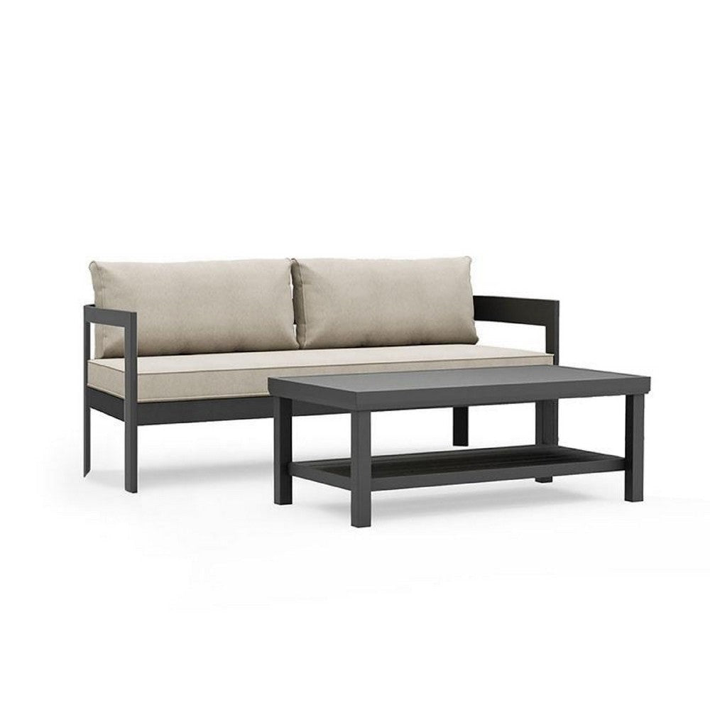 Lea Patio Sofa & Coffee Table Set | Open Storage Shelf | Black Aluminium