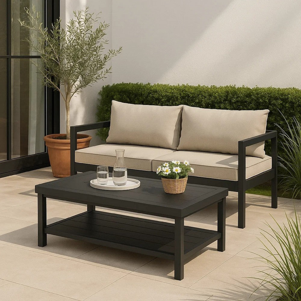 Lea Patio Sofa & Coffee Table Set | Open Storage Shelf | Black Aluminium