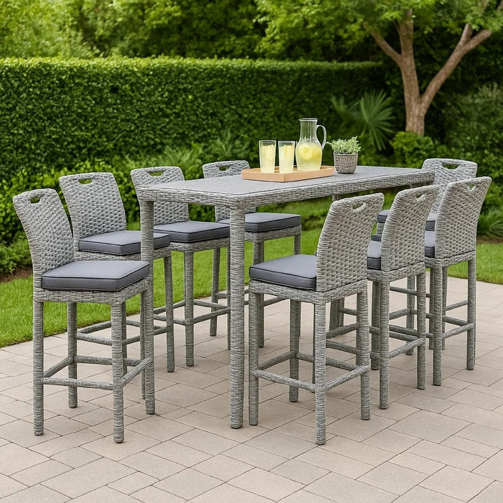 Mio Barstool Chair Set of 6 | Thick Seat Cushion | Gray Wicker Frame