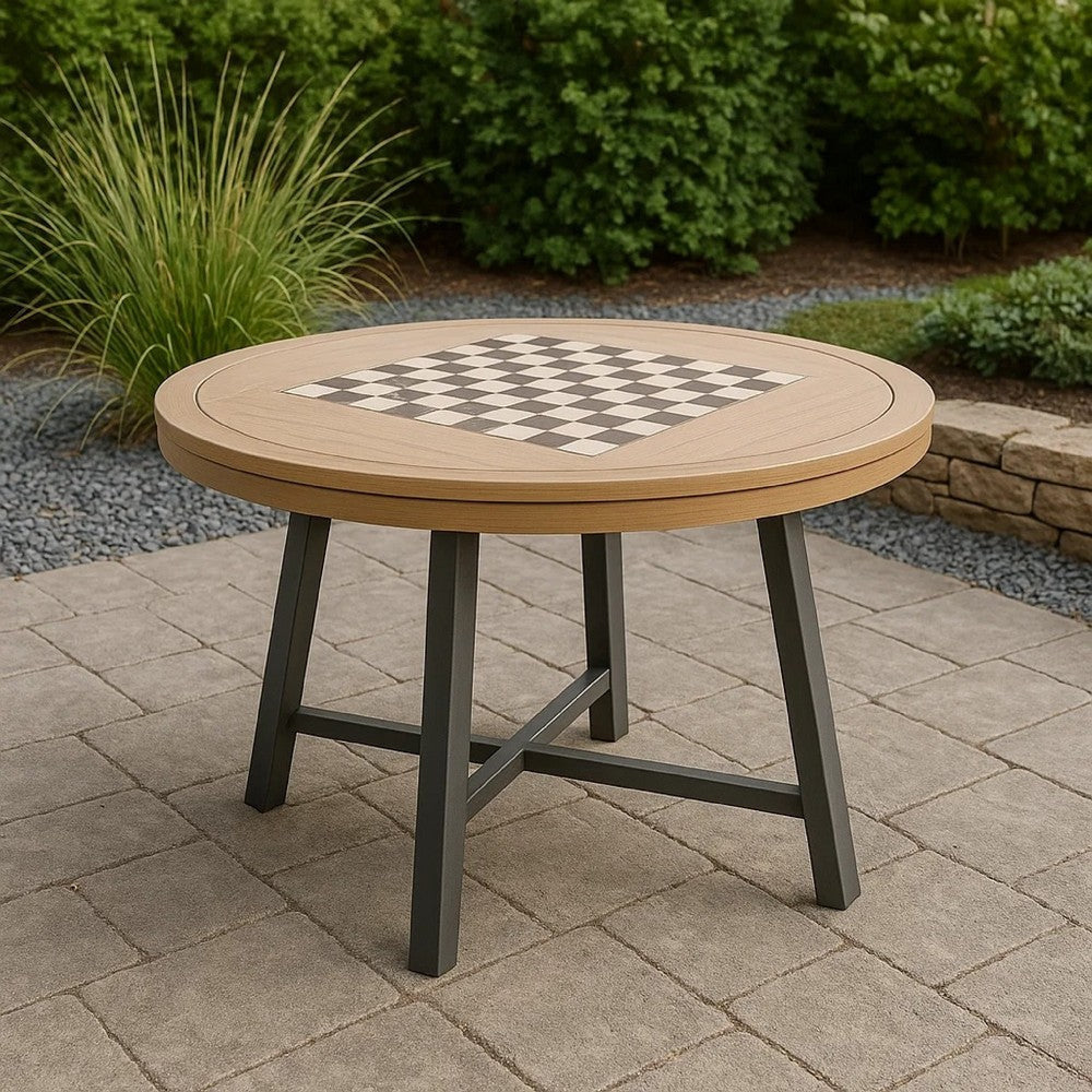 Nily Outdoor Game Table | 51’’ Round Top w Inlaid Chess Board BM340341