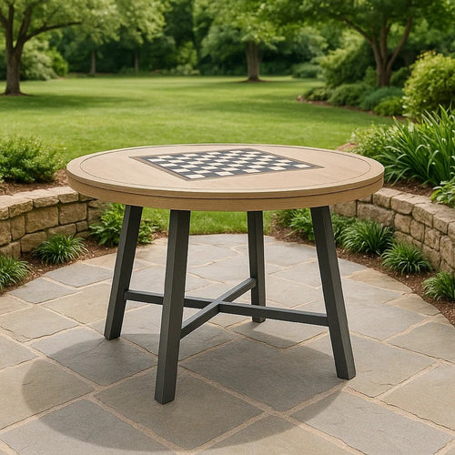 Nily Outdoor Game Table | 51" Round Top w Inlaid Chess Board