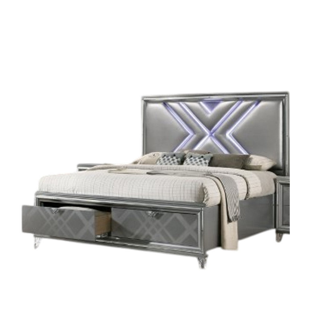 Lin Queen Size Bed | LED | Footboard Storage Drawers | Silver Upholstery BM340344