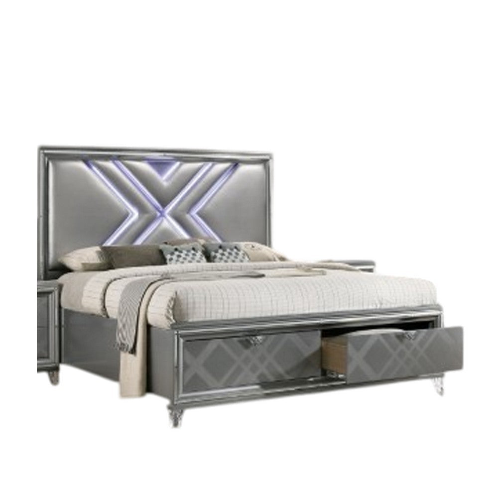Lin Queen Size Bed | LED | Footboard Storage Drawers | Silver Upholstery