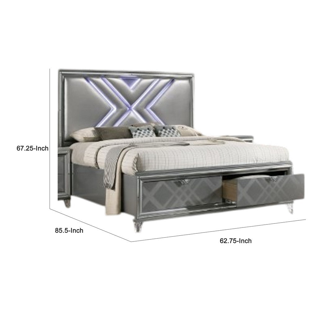 Lin Queen Size Bed | LED | Footboard Storage Drawers | Silver Upholstery BM340344