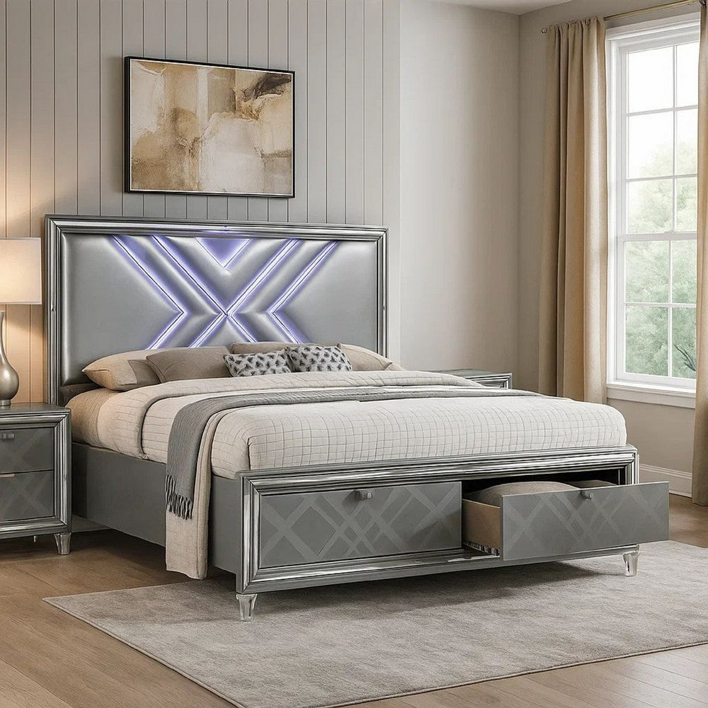 Lin Queen Size Bed | LED | Footboard Storage Drawers | Silver Upholstery