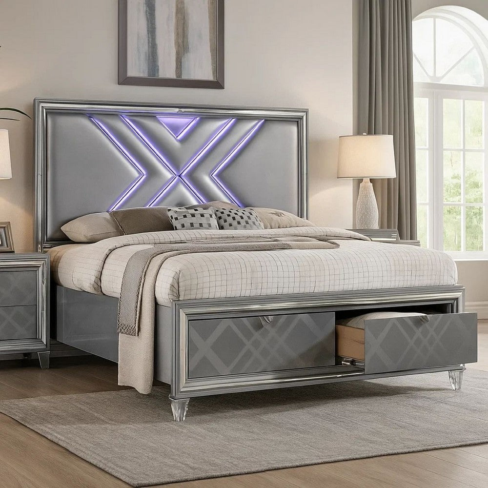 Lin Queen Size Bed | LED | Footboard Storage Drawers | Silver Upholstery