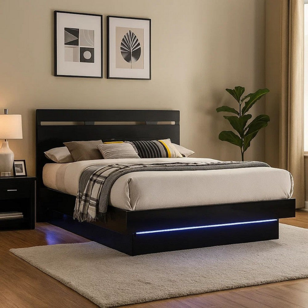 Pero King Size Bed w Silver Trimmed Headboard | LED Footboard | Black