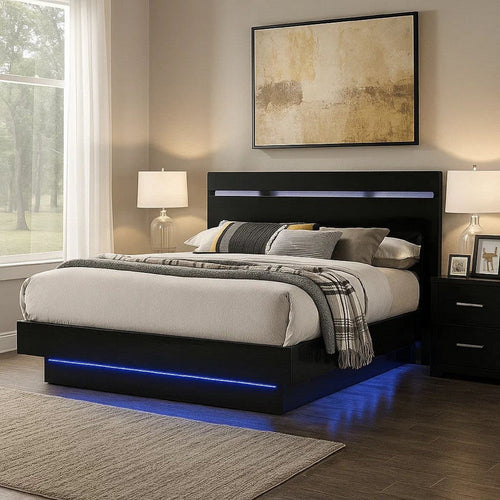 Pero King Size Bed w Silver Trimmed Headboard | LED Footboard | Black