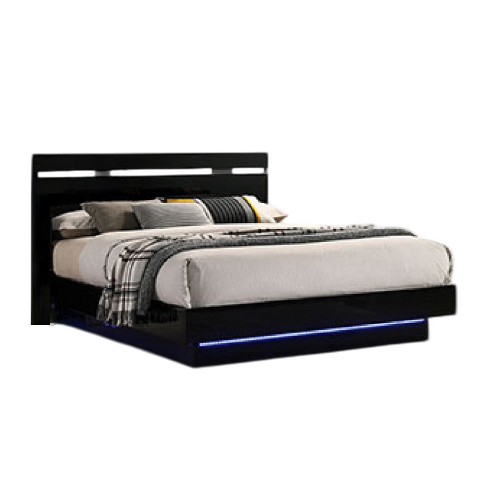 Pero King Size Bed w Silver Trimmed Headboard | LED Footboard | Black
