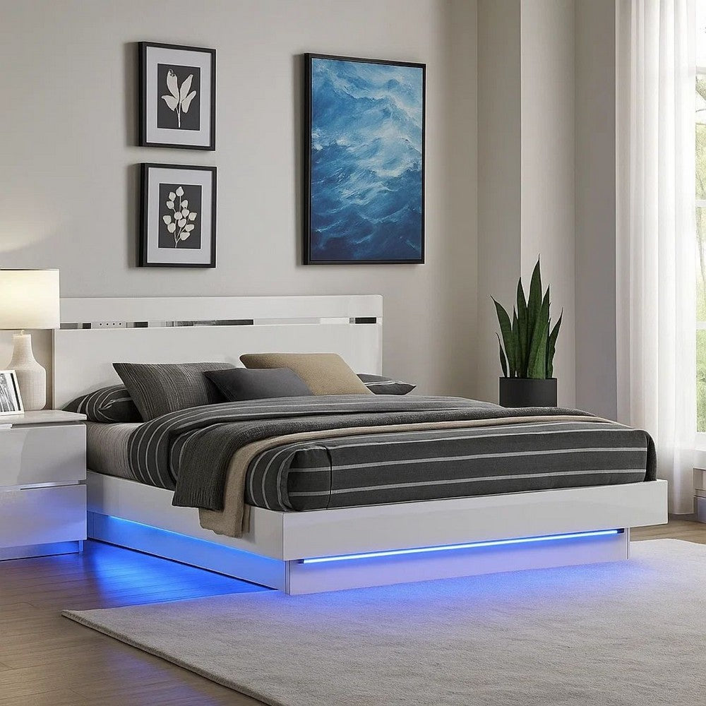 Pero King Size Bed w Silver Trimmed Headboard | LED Footboard | White