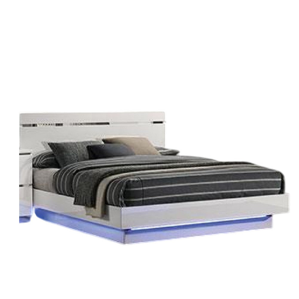 Pero King Size Bed w Silver Trimmed Headboard | LED Footboard | White