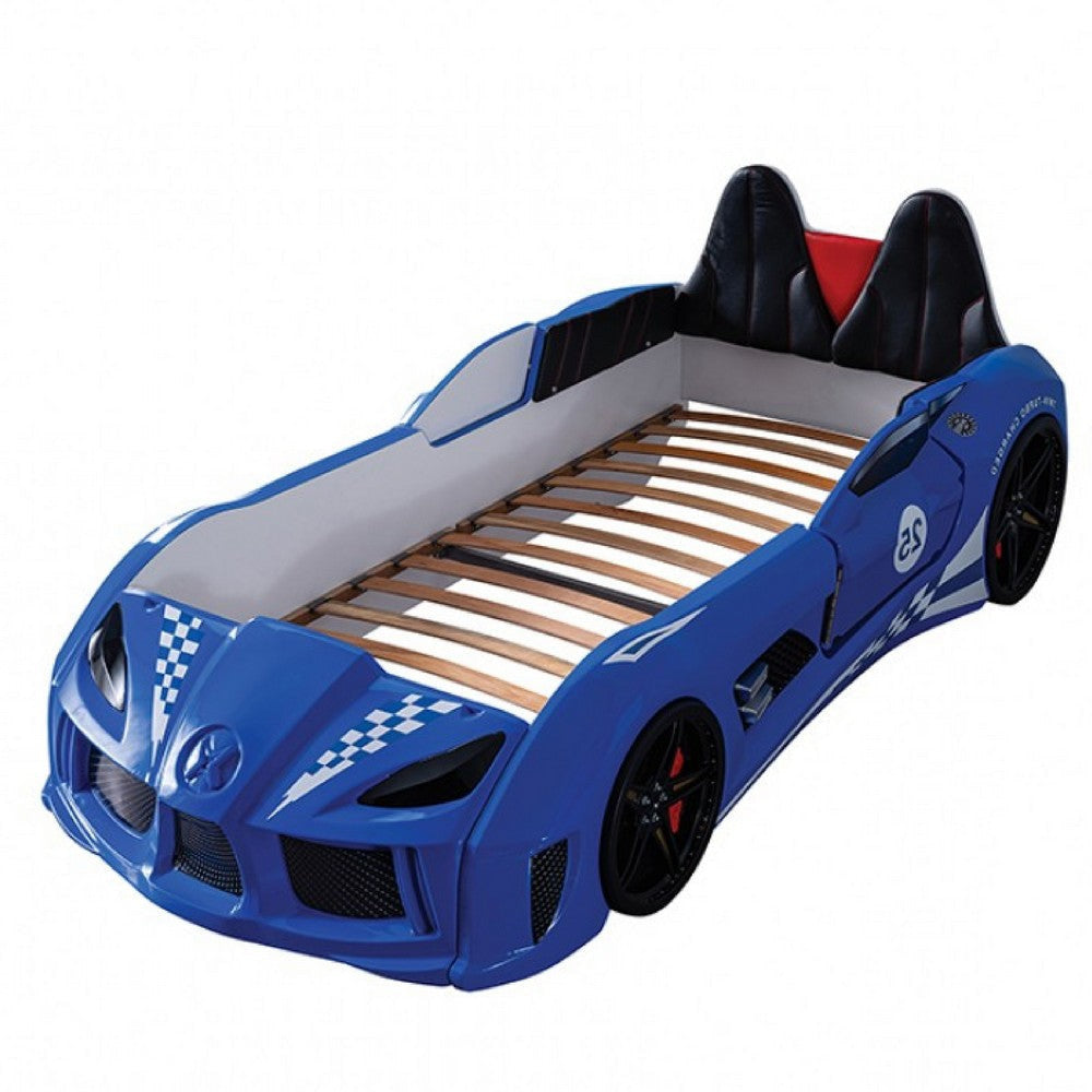 Ticy Twin Size Car Bed w Remote Control LED | Faux Leather Upholstery | Blue BM340348