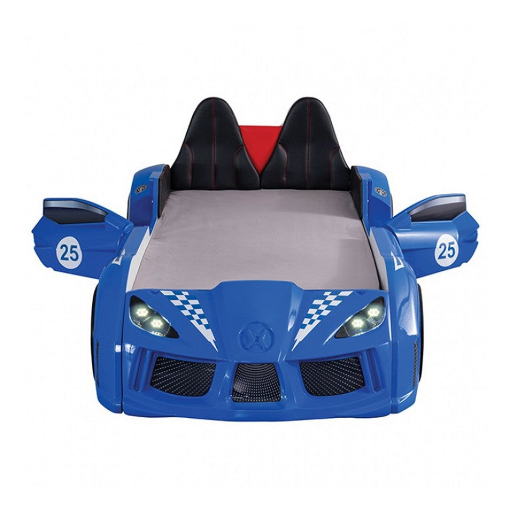 Ticy Twin Size Car Bed w Remote Control LED | Faux Leather Upholstery | Blue BM340348