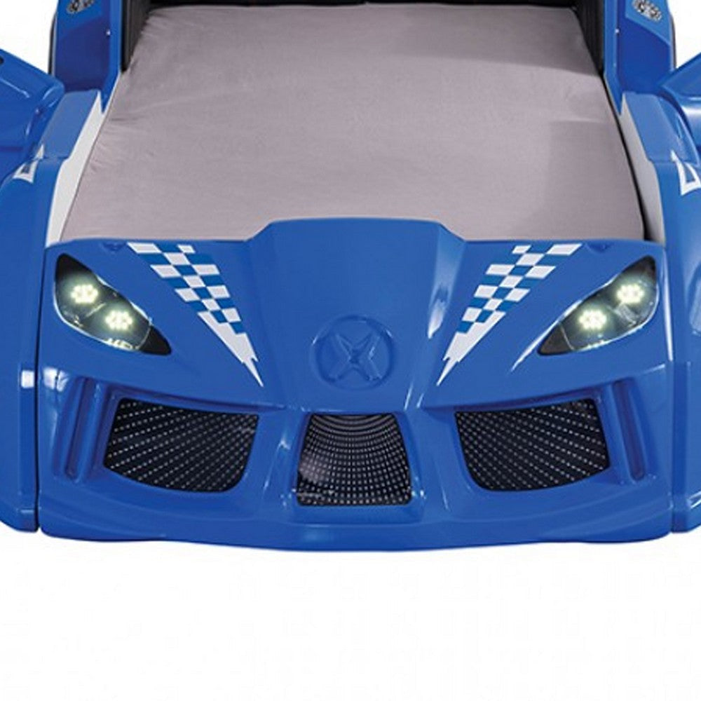 Ticy Twin Size Car Bed w Remote Control LED | Faux Leather Upholstery | Blue BM340348