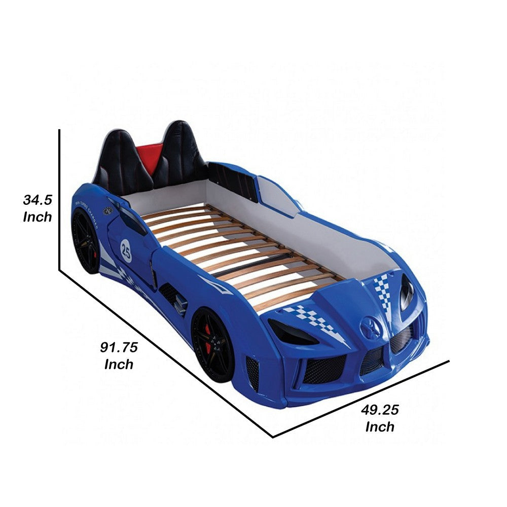 Ticy Twin Size Car Bed w Remote Control LED | Faux Leather Upholstery | Blue BM340348