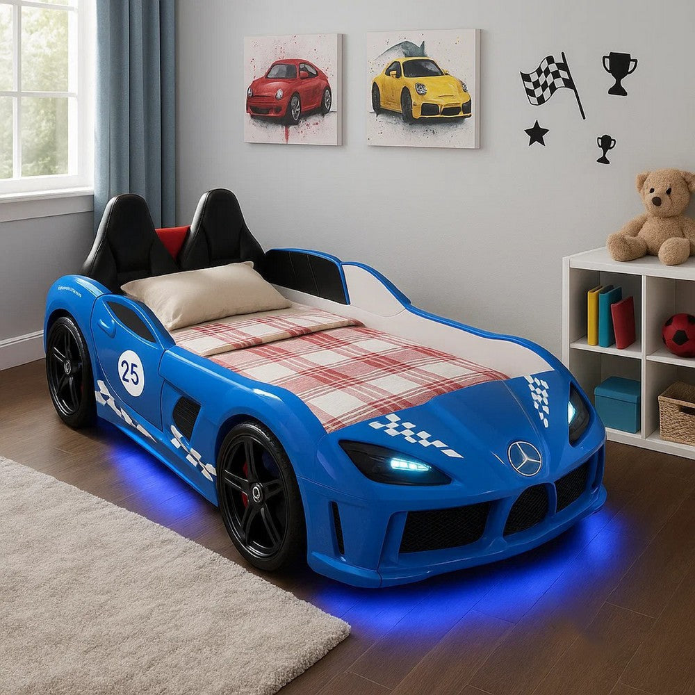 Ticy Twin Size Car Bed w Remote Control LED | Faux Leather Upholstery | Blue BM340348