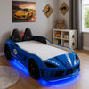 Ticy Twin Size Car Bed w Remote Control LED | Faux Leather Upholstery | Blue