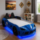 Ticy Twin Size Car Bed w Remote Control LED | Faux Leather Upholstery | Blue