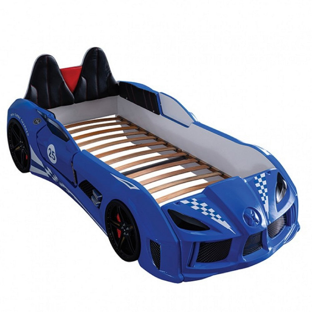 Ticy Twin Size Car Bed w Remote Control LED | Faux Leather Upholstery | Blue