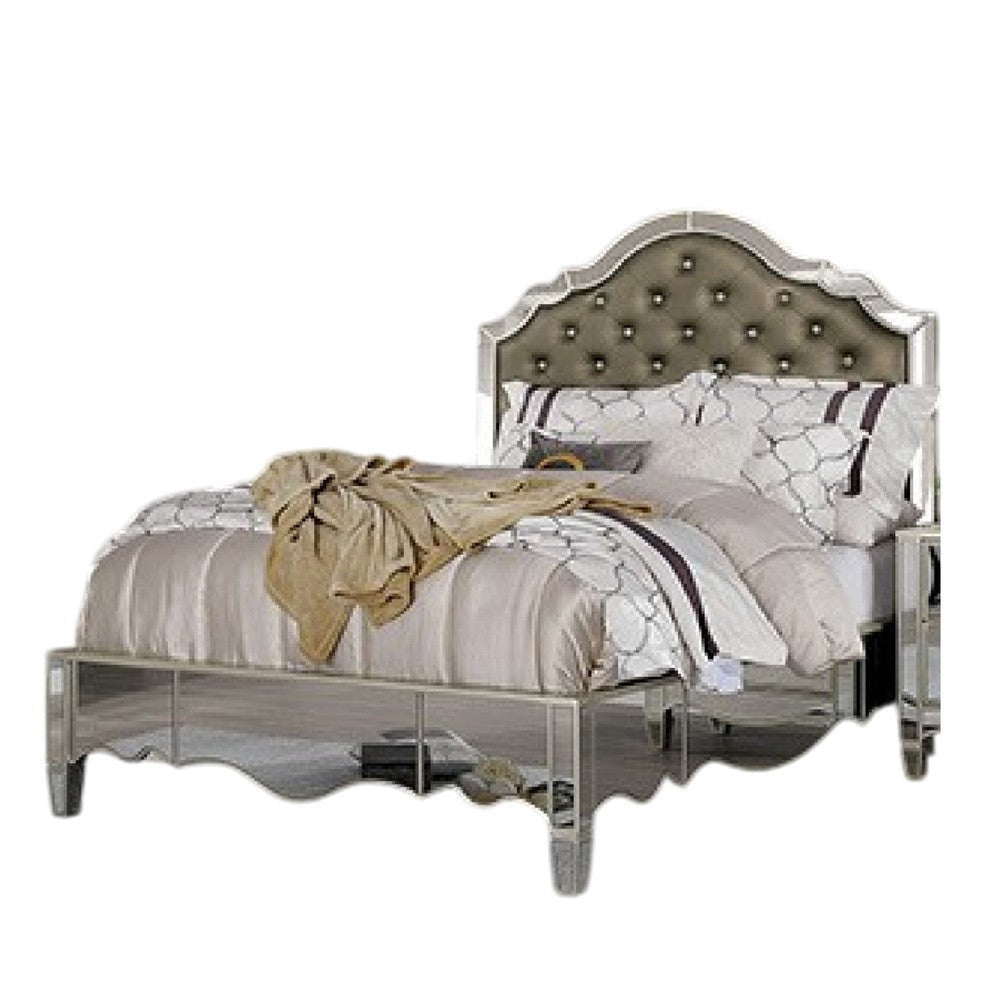Mila Queen Bed | Carved Button Tufted Faux Leather Upholstery | Mirrored | Silver BM340349