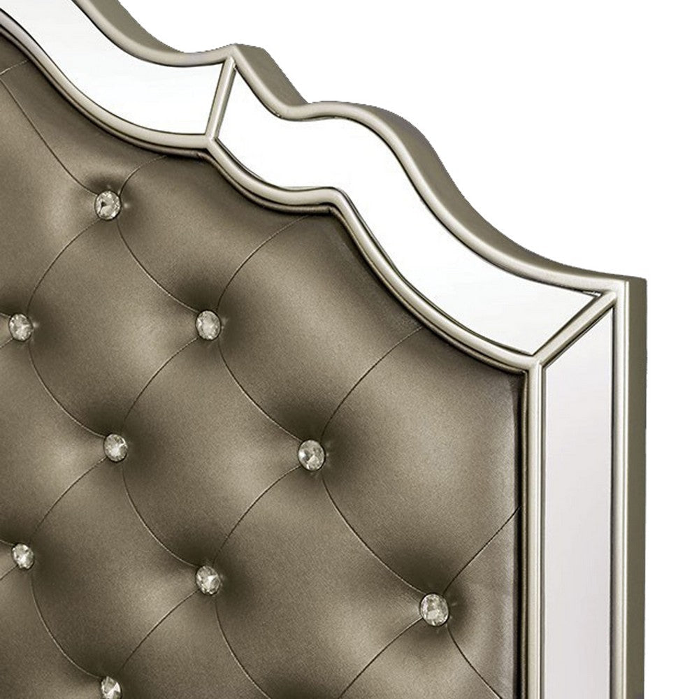 Mila Queen Bed | Carved Button Tufted Faux Leather Upholstery | Mirrored | Silver BM340349