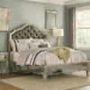 Mila Queen Bed | Carved Button Tufted Faux Leather Upholstery | Mirrored | Silver