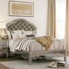 Mila Queen Bed | Carved Button Tufted Faux Leather Upholstery | Mirrored | Silver
