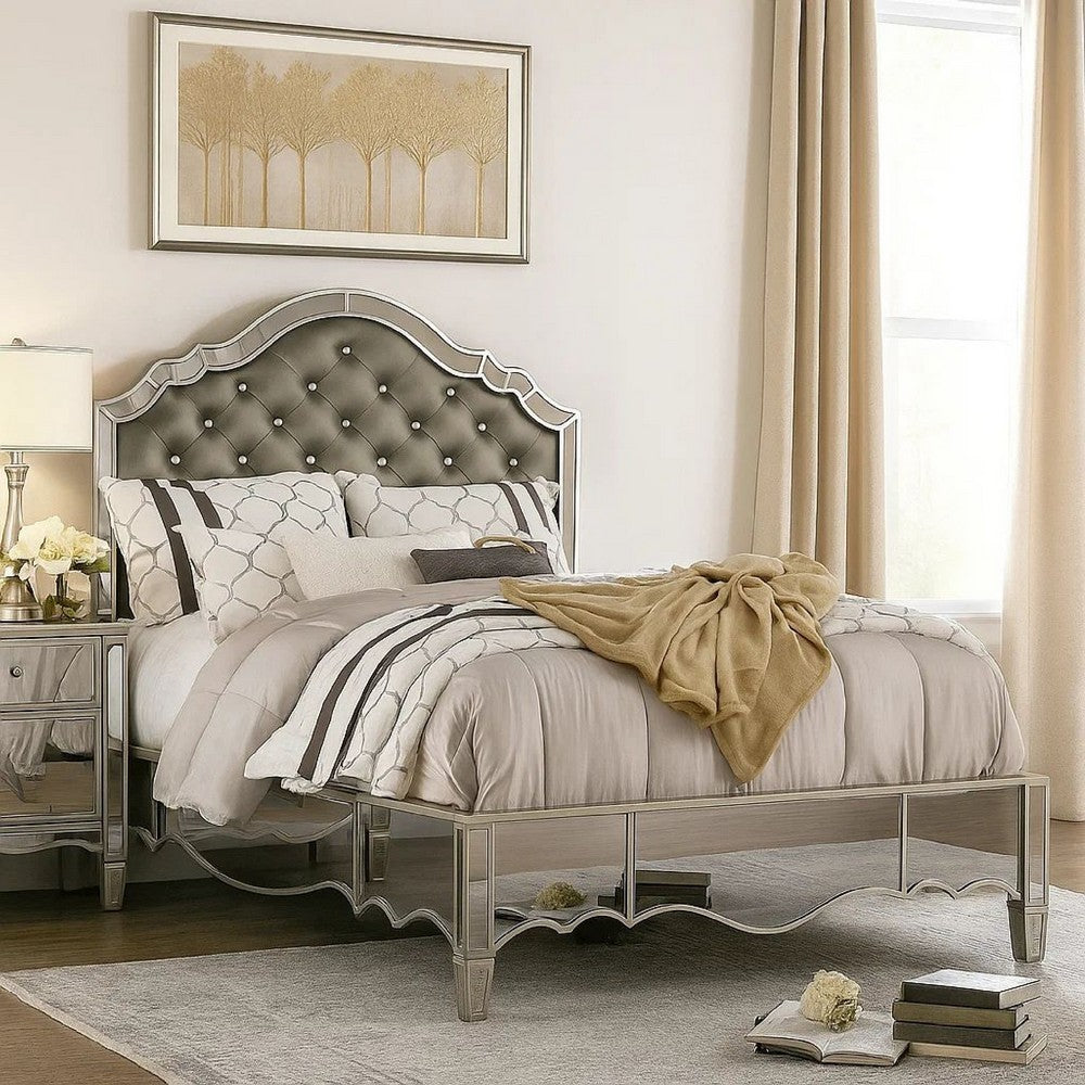 Mila Queen Bed | Carved Button Tufted Faux Leather Upholstery | Mirrored | Silver