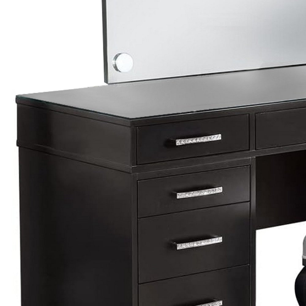 Vaz 3pc LED Mirror Vanity Table Set w Padded Stool| Glass Top | Gray BM340350