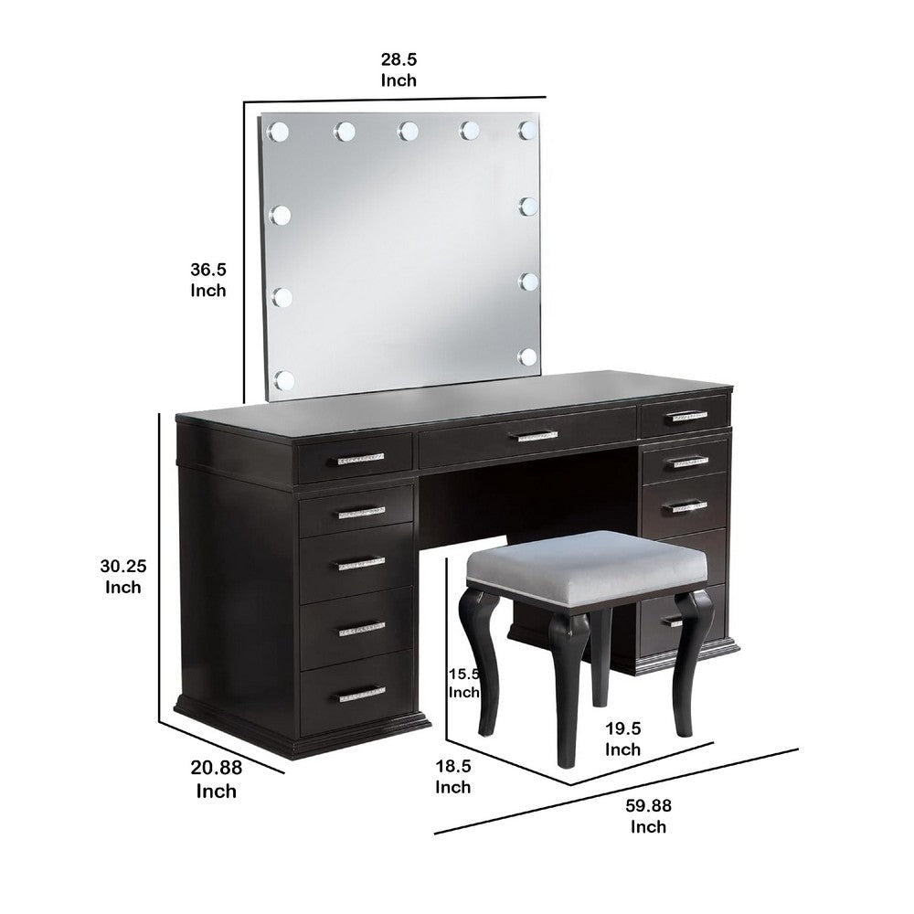 Vaz 3pc LED Mirror Vanity Table Set w Padded Stool| Glass Top | Gray BM340350