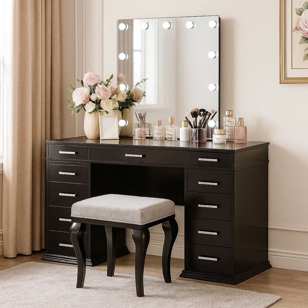Vaz 3pc LED Mirror Vanity Table Set w Padded Stool| Glass Top | Gray