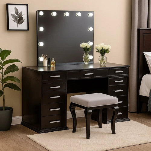 Vaz 3pc LED Mirror Vanity Table Set w Padded Stool| Glass Top | Gray