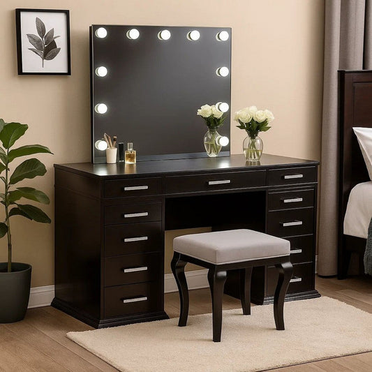 Vaz 3pc LED Mirror Vanity Table Set w Padded Stool| Glass Top | Gray