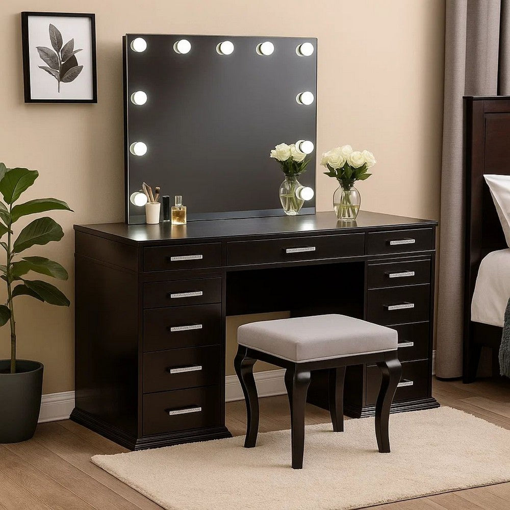 Vaz 3pc LED Mirror Vanity Table Set w Padded Stool| Glass Top | Gray