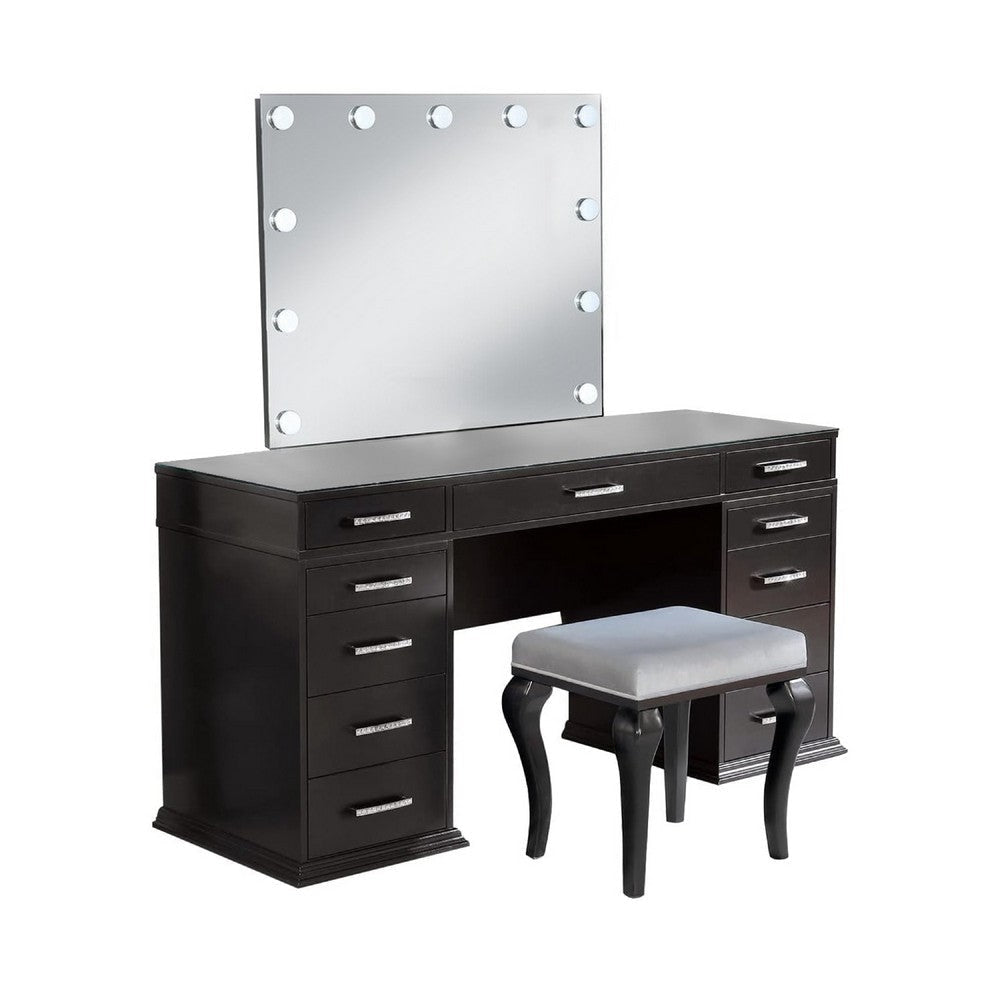 Vaz 3pc LED Mirror Vanity Table Set w Padded Stool| Glass Top | Gray