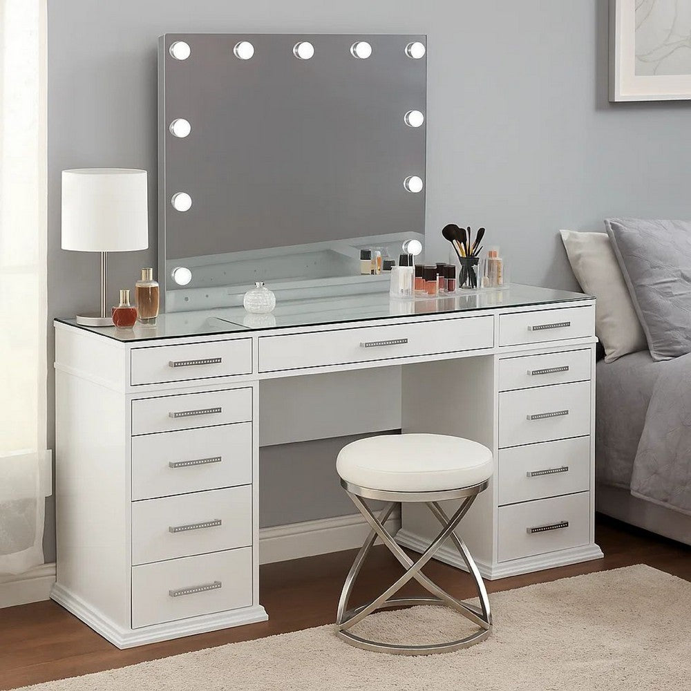 Vaz 3pc LED Mirror Vanity Table Set | Glass Top | Padded Stool | White