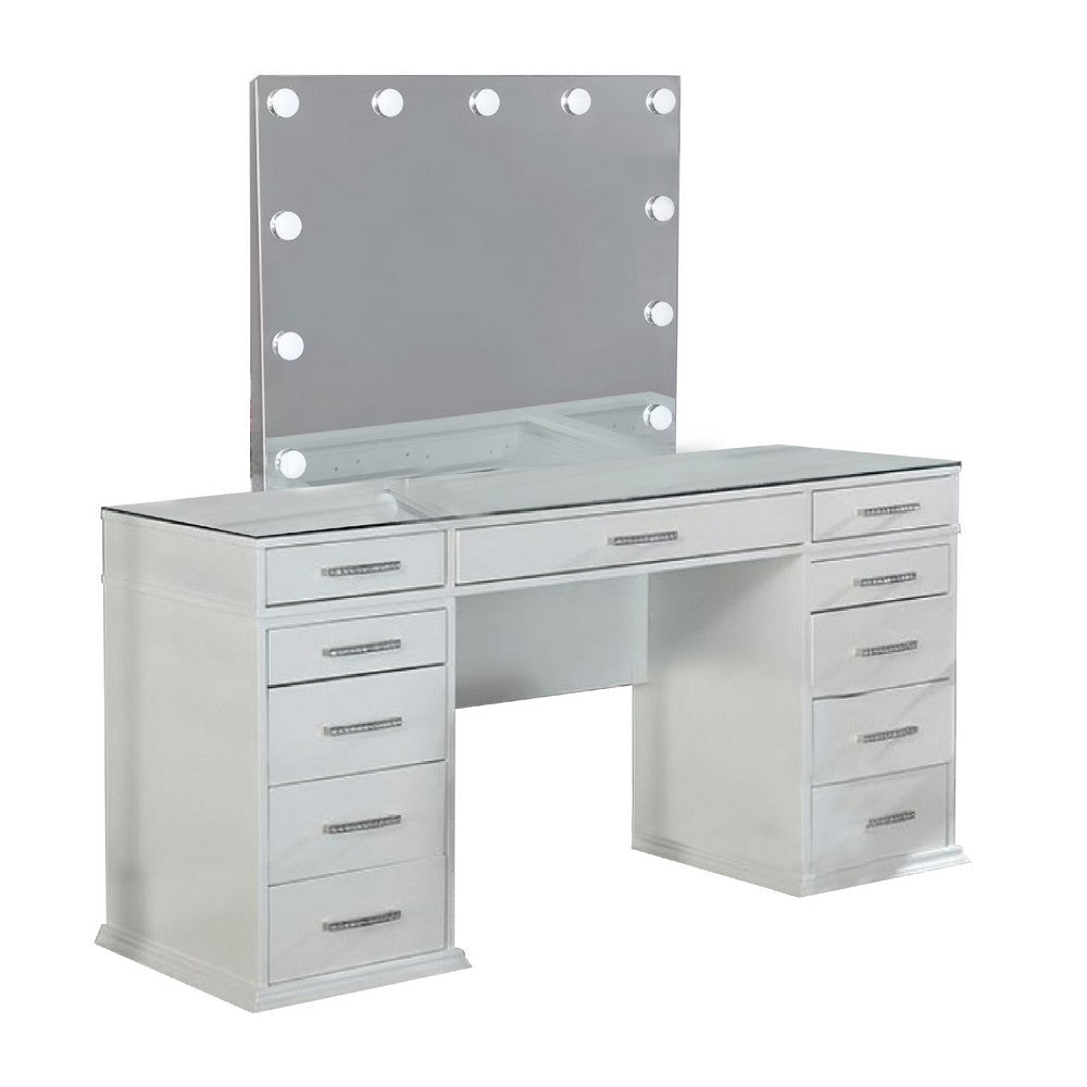 Vaz 3pc LED Mirror Vanity Table Set | Glass Top | Padded Stool | White