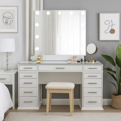 Vaz 3pc LED Mirror Vanity Table Set | Glass Top | Padded Stool | White