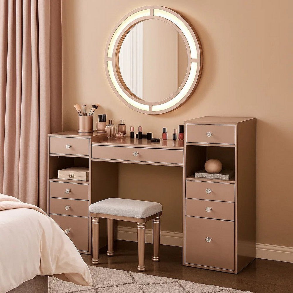 Yezy 3pc Vanity LED Mirror Desk Set with Padded Stool | Blush Pink